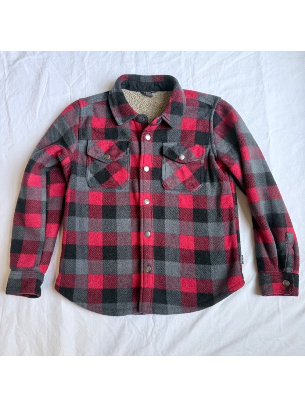 Eddie Bauer Kids Sherpa-Lined Plaid Shirt Jacket Red Black Gray Size 10/12